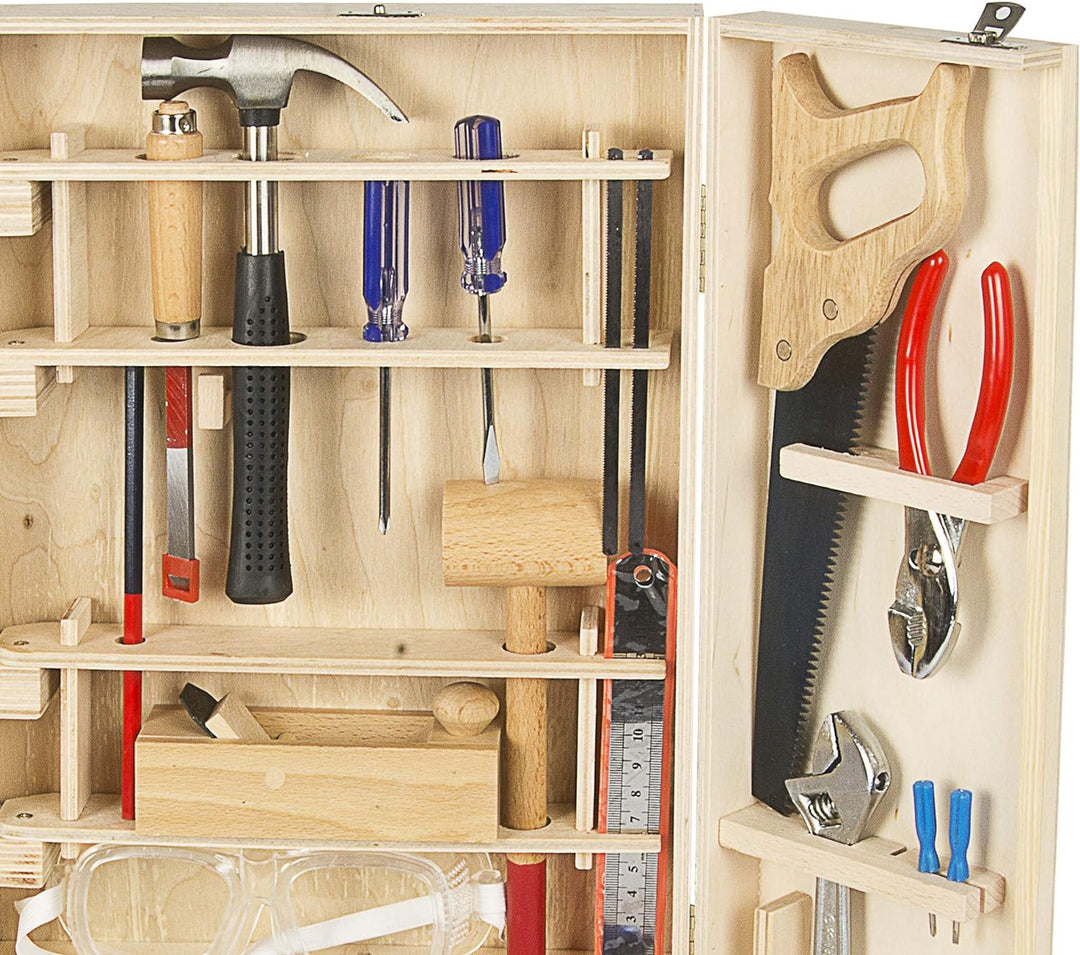 Leomark Deluxe Holz Werkzeug für Kinder - 50-TLG - Werkzeugkasten, Kompakter Werkzeugkoffer, Holzsch