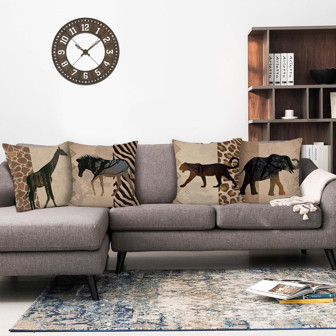 Bonhause 4er Set Kissenbezüge Afrikanische Tier Leopard 40 x 40 cm Doppelseitig Giraffe Zebra Polyes