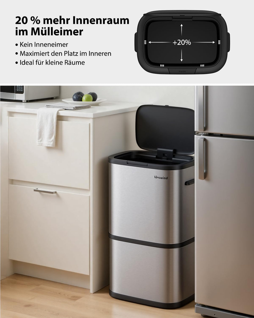 lovewind Mülleimer Küche 60L Edelstahl, Abfalleimer küche mit Deckel, Soft-Close Verschluss, Werkzeu