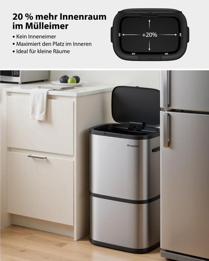 lovewind Mülleimer Küche 60L Edelstahl, Abfalleimer küche mit Deckel, Soft-Close Verschluss, Werkzeu