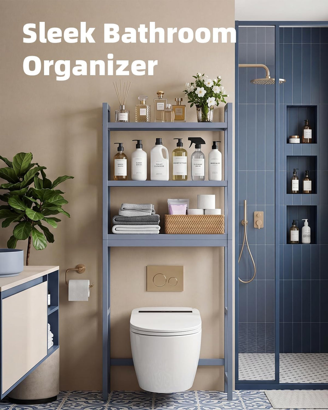 SMIBUY Badezimmer-Aufbewahrungsregal, Bambus-Über-der-Toilette-Organizer-Rack, freistehender WC-Plat