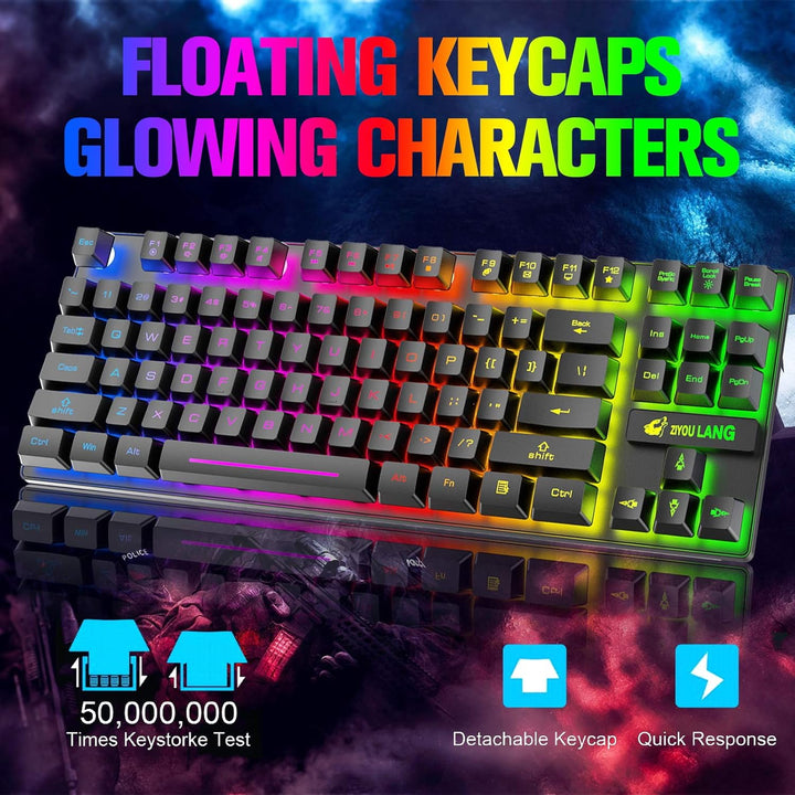 Kabellose Gaming-Tastatur und Maus, 87 Tasten, Regenbogen-LED-Hintergrundbeleuchtung, wiederaufladba