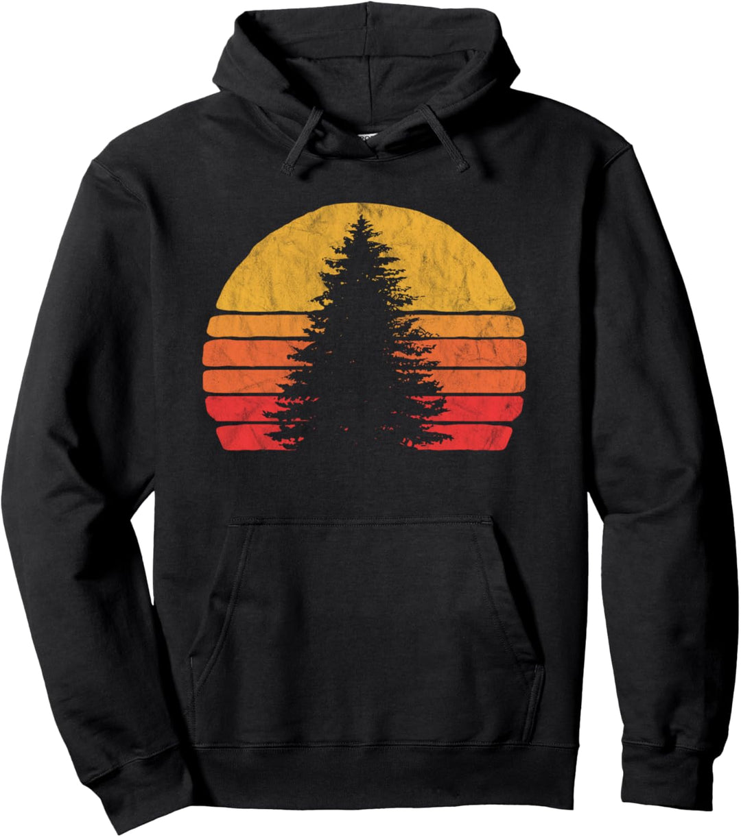 Solitary Pine Tree Sun - Vintage Retro Outdoor Graphic Pullover Hoodie