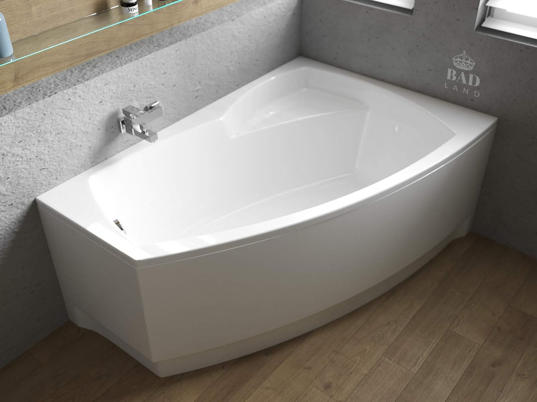BADLAND Badewanne Original Weiss Acryl Wanne Eckbadewanne FRIDA 150x90 Rechts KOMPLETTSET SET mit We