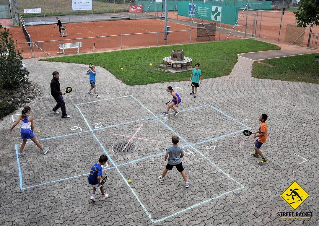 Street Racket Schulset, 24 Holzschläger, 24 Softbälle, Strassenmalkreide zur Spielfeldmarkierung, ve