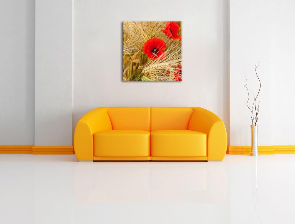Pixxprint Mohnblumen auf dem Mais-Feld als Leinwandbild/Grösse: 70x70 cm/Wandbild/Kunstdruck/fertig