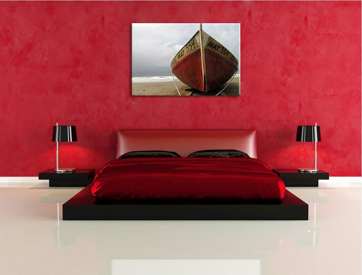 Pixxprint kleines Segelboot am Strand auf Leinwand, XXL riesige Bilder fertig gerahmt mit Keilrahmen