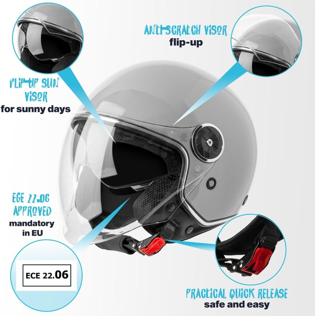 VINZ Tobia Jethelm mit Doppelvisier | Roller Helm mit Sonnenblende | In Gr. XS-XXL | ECE 22.06 Zerti