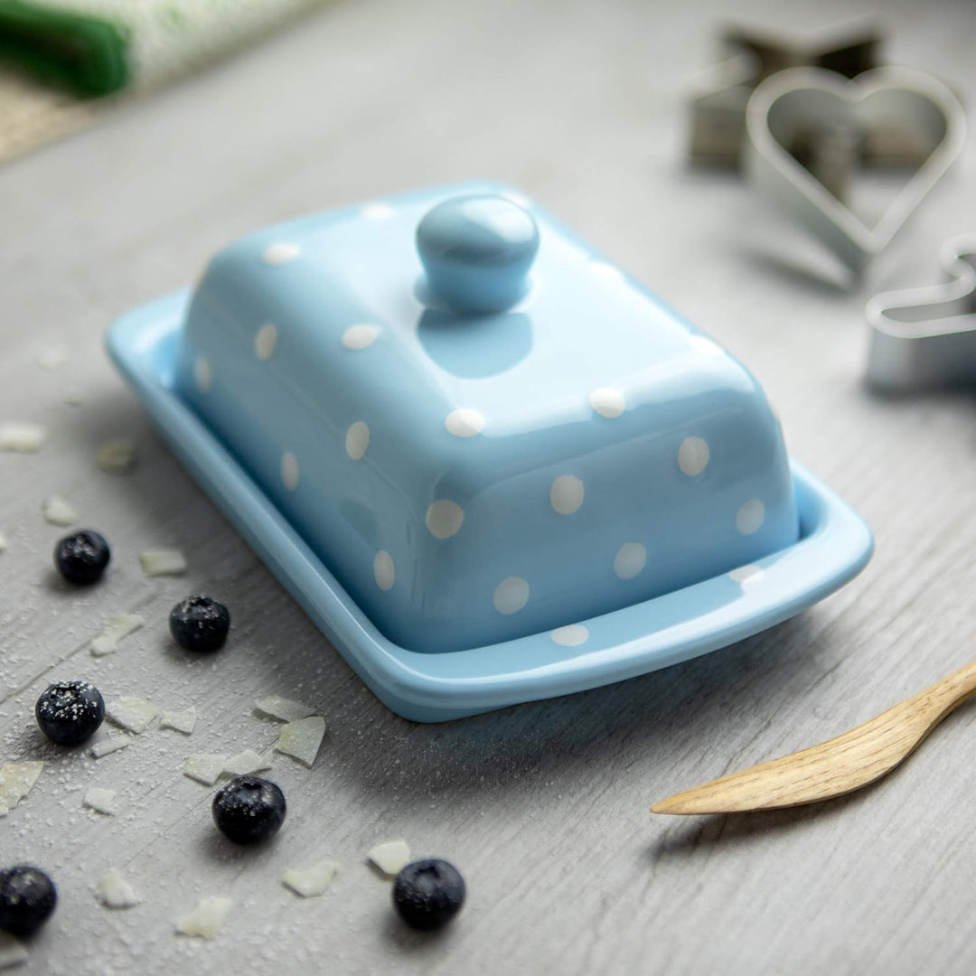 City to Cottage - Butterdose Keramik | Hellblau und Weiss | Polka Dots | Handgemacht | 250 Gramm Ker