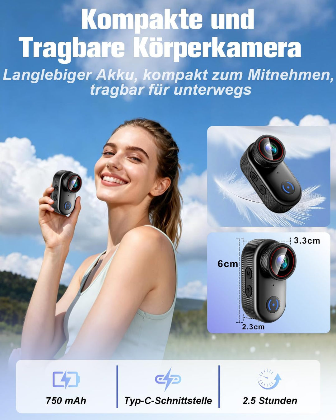 Action Cam 4k, WiFi Bodycam Mini Körperkamera Actionkamera 120° Weitwinkel, Helmkamera Motorrad 150