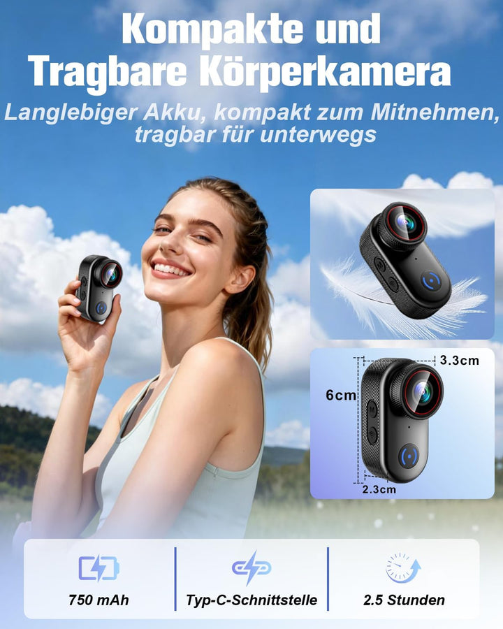 Action Cam 4k, WiFi Bodycam Mini Körperkamera Actionkamera 120° Weitwinkel, Helmkamera Motorrad 150
