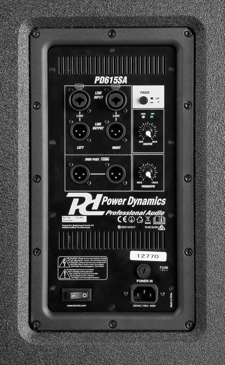 Power Dynamics PD615SA PA Subwoofer aktiv, 15 Zoll 1000 Watt, Bassbox Subwoofer Verstärker eingebaut