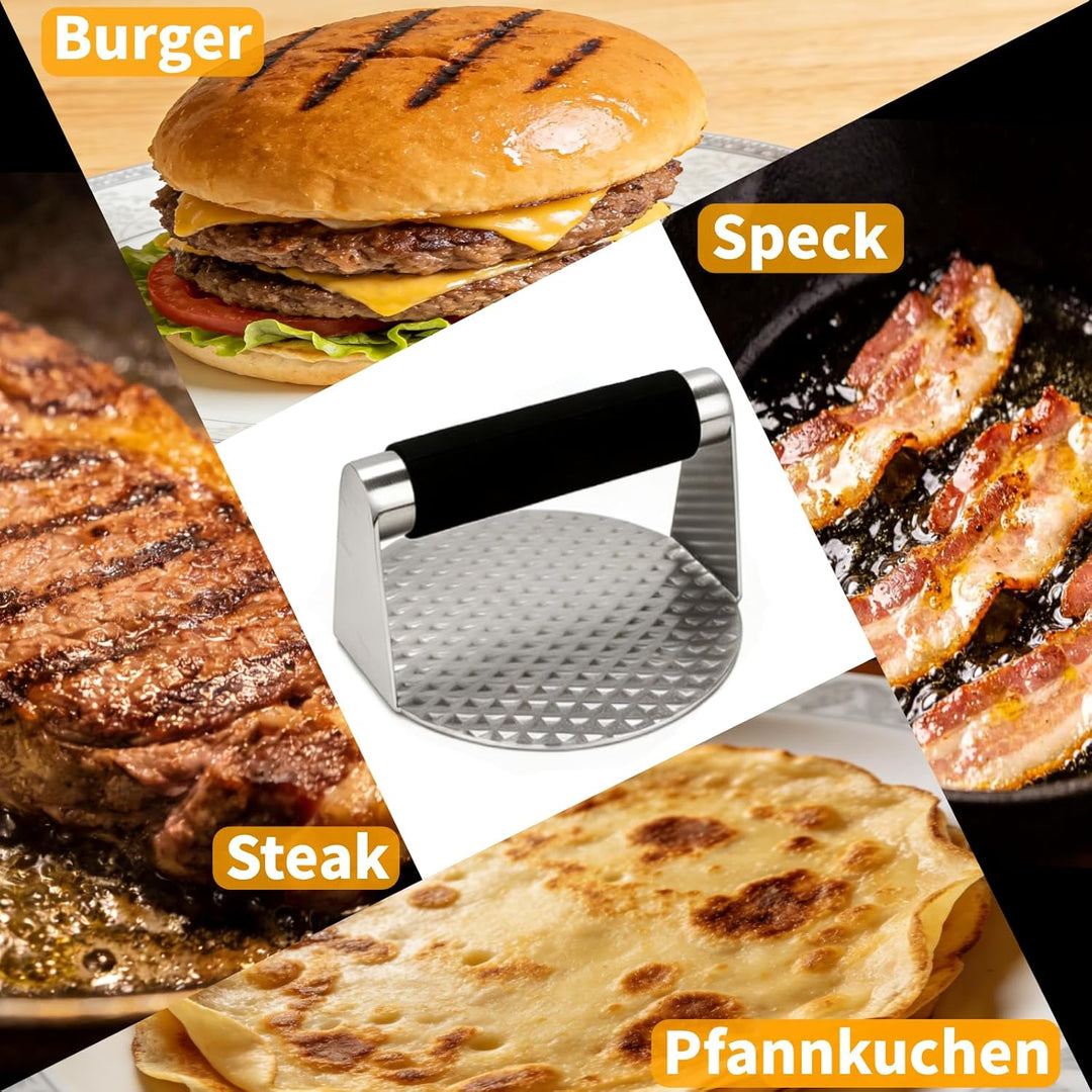 GoHZQ Edelstahl-Burgerpresse mit strukturierter Oberfläche für saftigere Patties, 6 Stück Smash-Burg
