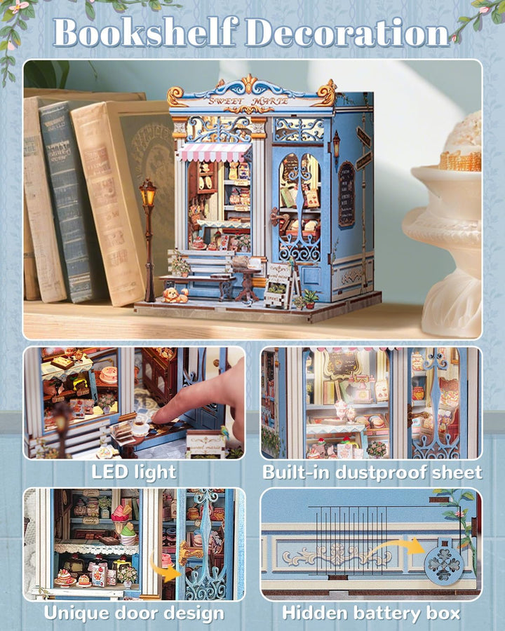 DIY Miniatur Haus Bausatz für Erwachsene,Puppenhaus Gewächshaus mit LED Licht,3D Puzzle Buchstütze a