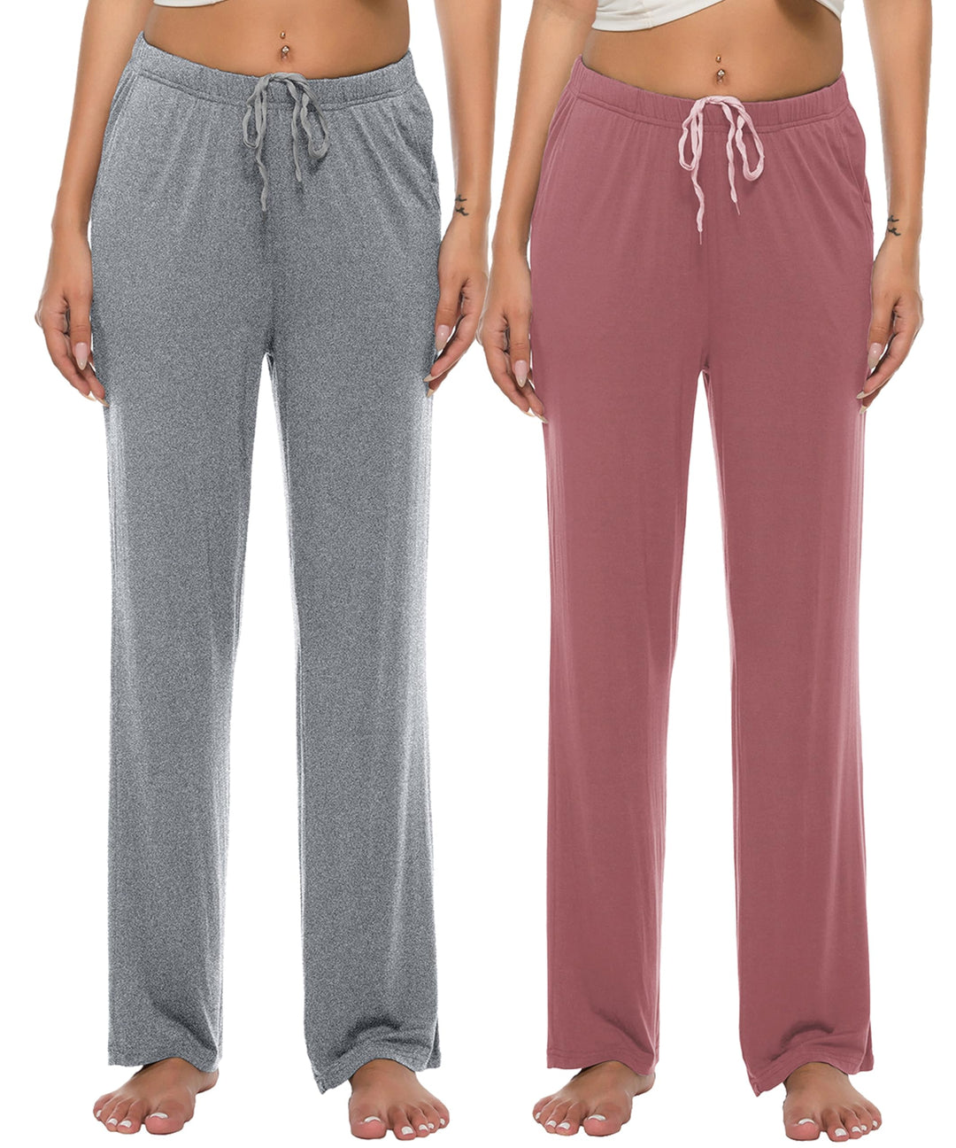 JINSHI Damen Schlafanzughose Lang Pyjamahose Weich Modal Nachtwäsche Freizeithose M Hellgrau+Rosavio