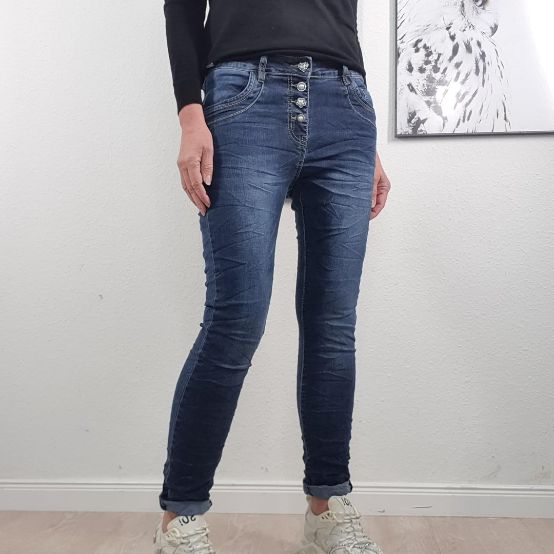 Jewelly Damen Boyfriend Stretch Jeans| Denim Hose für Frauen| 5-Pocket Bagggy Pants S Nice Buttons,