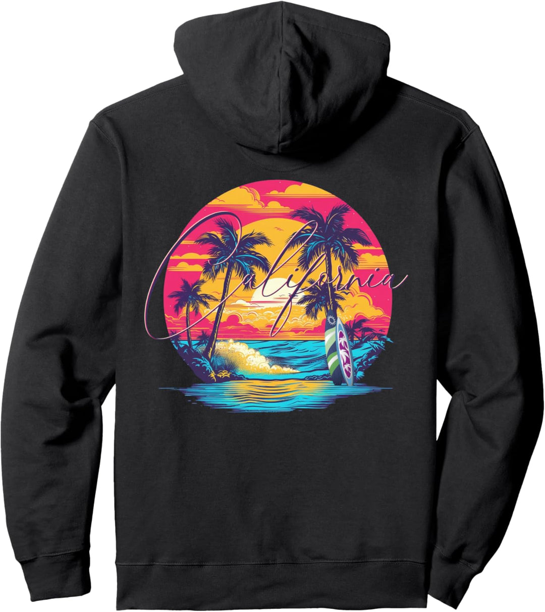 California Beach, Surfer Surfbrett Retro Backprint Pullover Hoodie