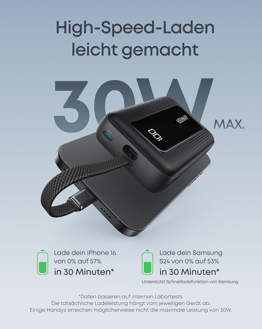 Anker Zolo Powerbank, 10.000mAh 30W High-Speed portables Ladegerät mit integriertem USB-C Kabel, Sch