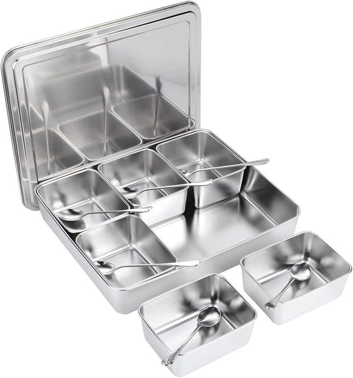 Haofy Edelstahl-Gewürzbox, Gewürzvorratsbehälter mit 6 Gittern, Gewürzglasbehälter-Set mit Löffeln K