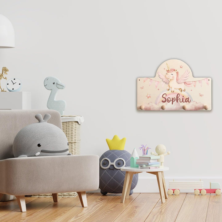 GRAVURZEILE Personalisierte Kindergarderobe - Einhorn - Personalisiert mit Name - Garderobe aus Holz