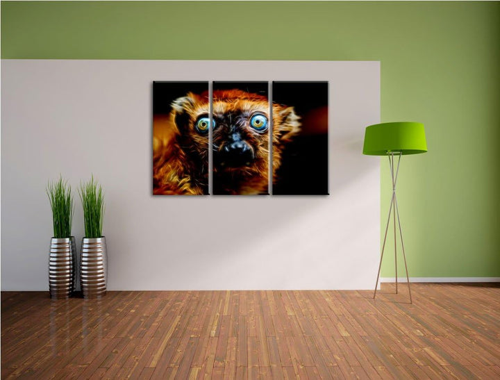 Dark seltener Blauaugenmaki NewArt 3-Teiler Leinwandbild 120x80 Bild auf Leinwand, XXL riesige Bilde