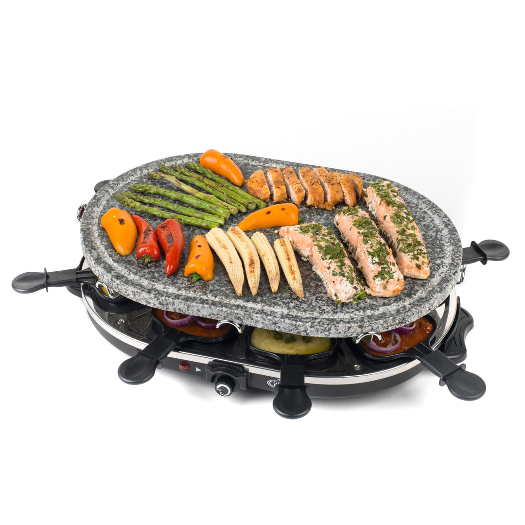 Giles & Posner 8-tlg. Tisch-Raclette-Grill – 1200W Steinplatte, 8 antihaftbeschichtete Pfännchen, 8