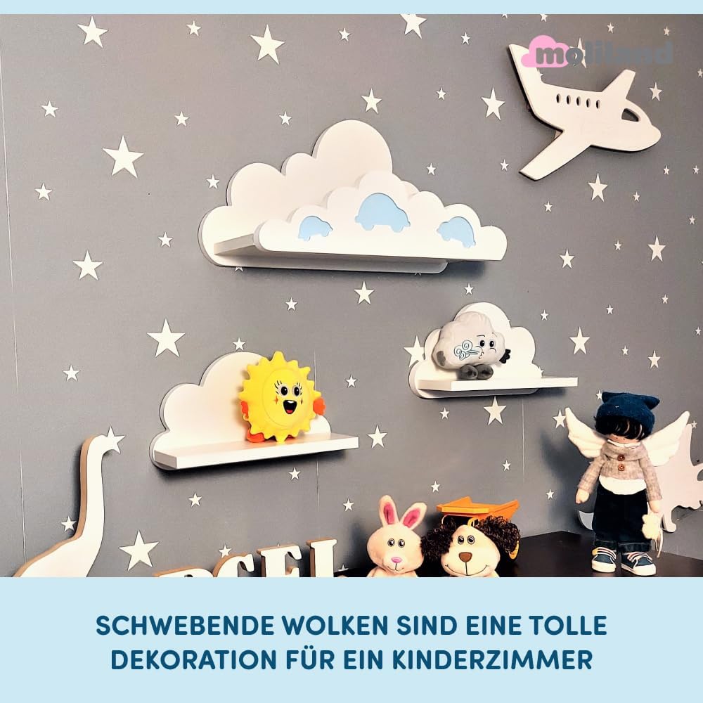 3er Set Wandregal Kinderzimmer Weiss | Babyzimmer Wolkenregal für Bücher, Spielzeug, Dekoration | Re