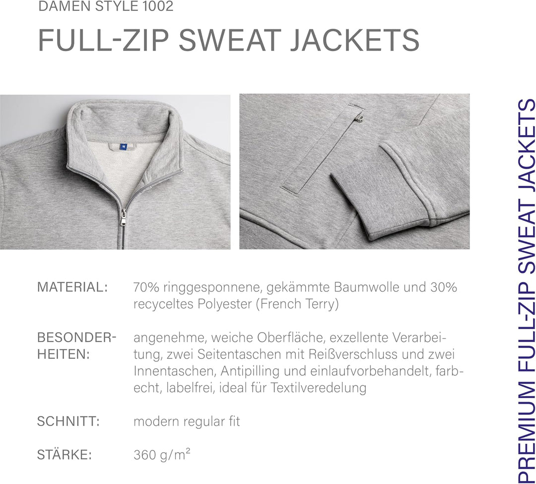 HRM Damen Premium Full-Zip Sweat Jacket I Fair Trade Damen-Sweatjacke, 360 g/m² I Aus 70% Baumwolle