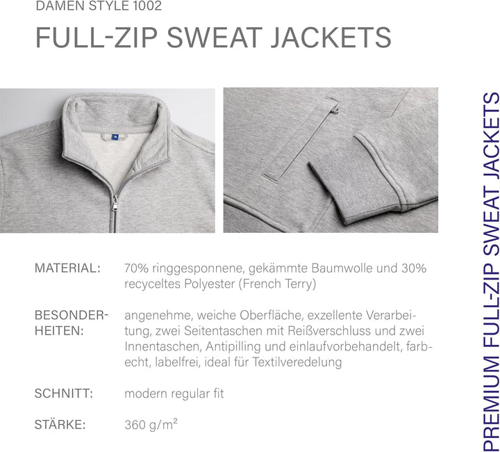 HRM Damen Premium Full-Zip Sweat Jacket I Fair Trade Damen-Sweatjacke, 360 g/m² I Aus 70% Baumwolle