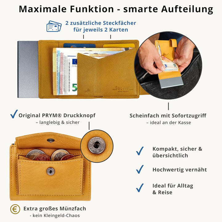 SecWal Kartenetui mit Münzfach Druckknopf inkl. Geschenkbox - Made in Germany - Echtleder Mini Geldb