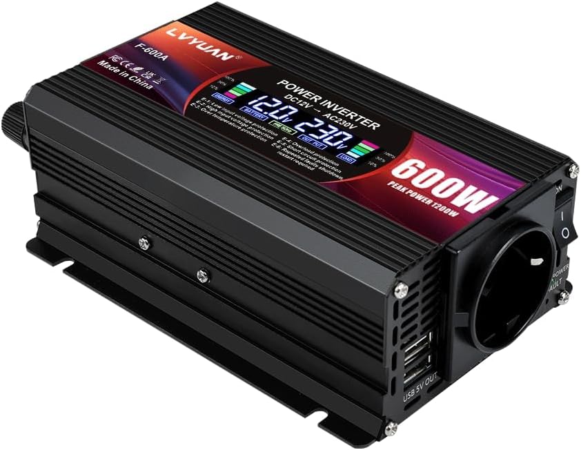 LVYUAN Wechselrichter 12V 230V 600W/ 1200W DC auf AC Spannungswandler 1 AC Steckdose & 2 USB Port St