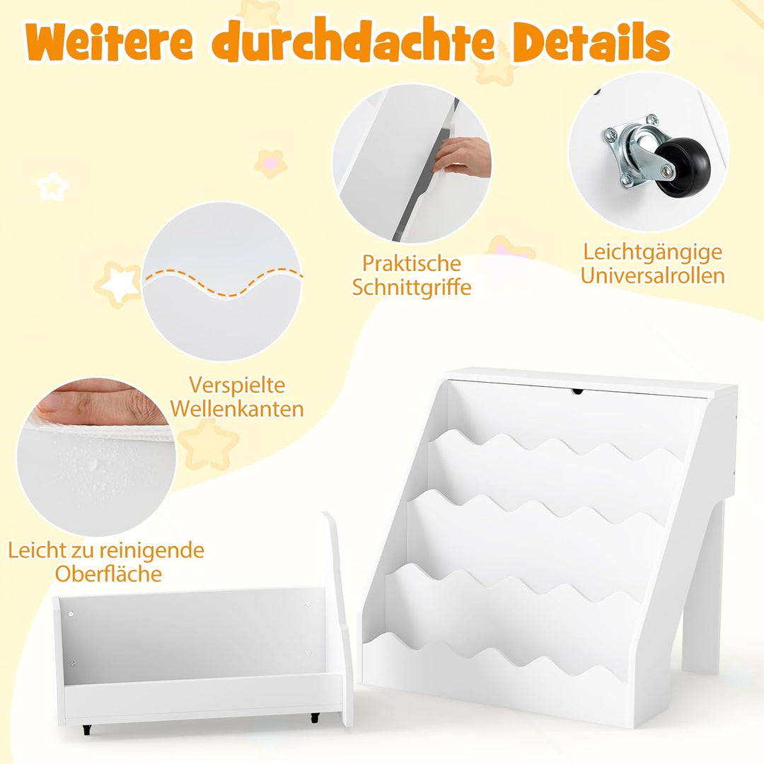 COSTWAY 4 stufiges Kinder Bücherregal, Kinderregal mit aufklappbaren Fach & Schublade auf Rollen, Sp
