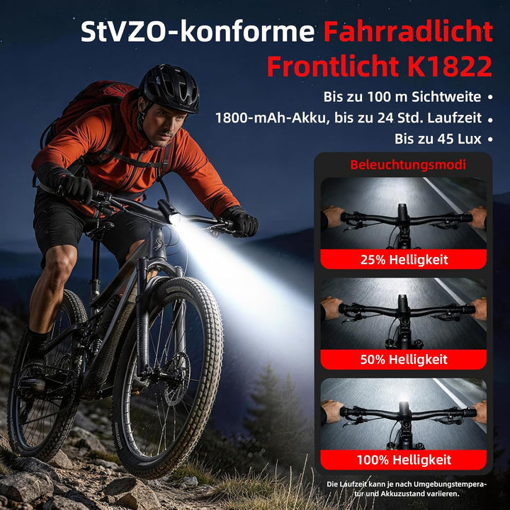 Fahrradlicht Set StVZO-konform, Fahrradbeleuchtung vorne und hinten, USB-C wiederaufladbare IPX4 Spr