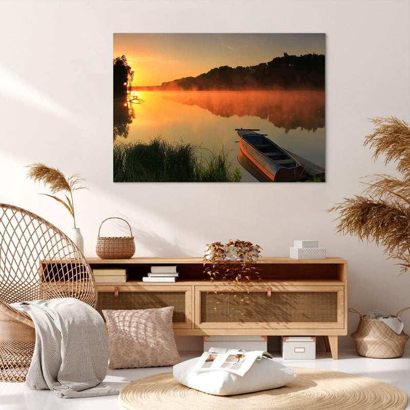 Bilder auf Leinwand 100x70cm Leinwandbild Morgen Nebel See Landschaft Gross Wanddeko Bild Schlafzimm