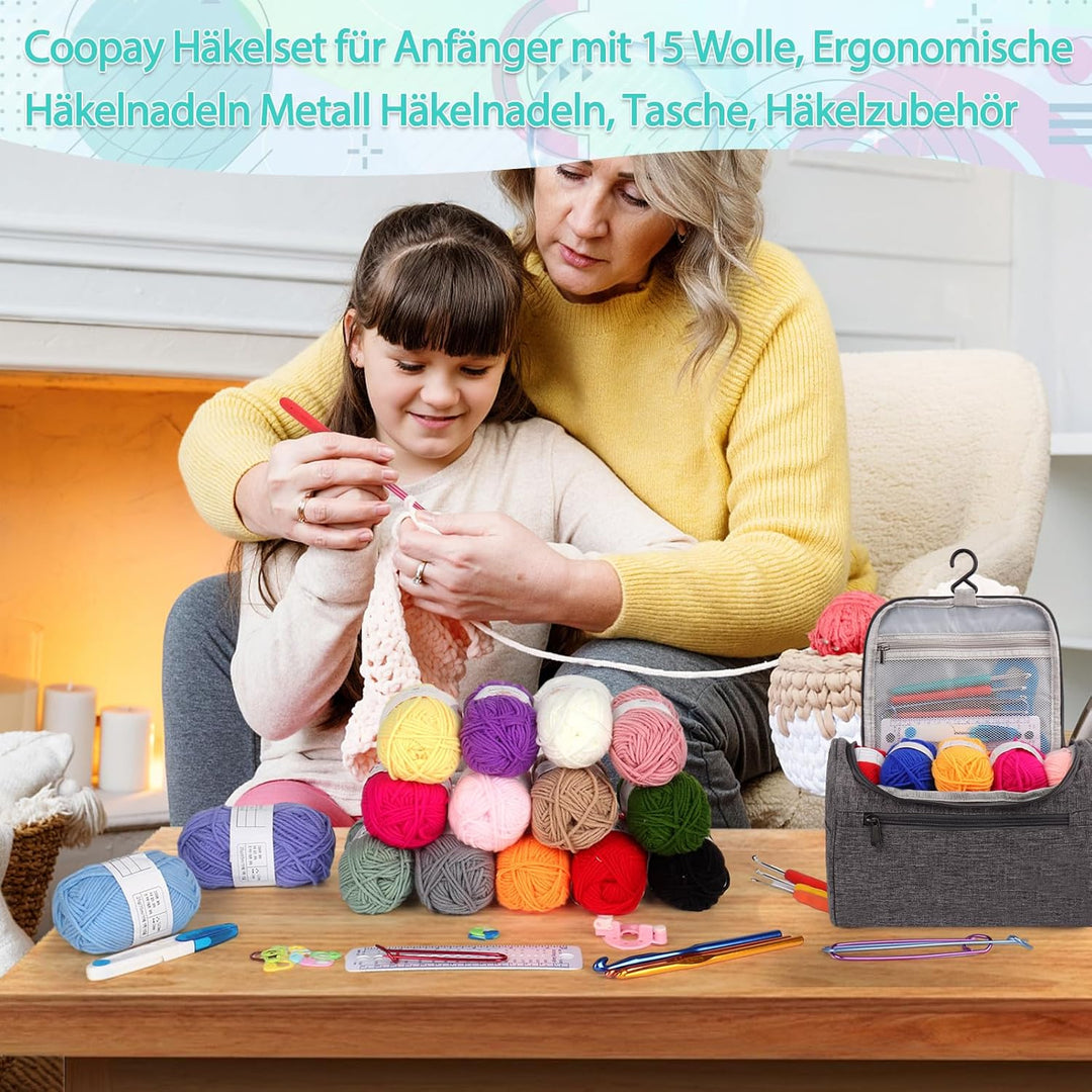 Coopay Tragbar Häkelset für Anfänger, Häkelnadel Set mit 15 Wolle, Tasche, Häkelzubehör, Ergonomisch