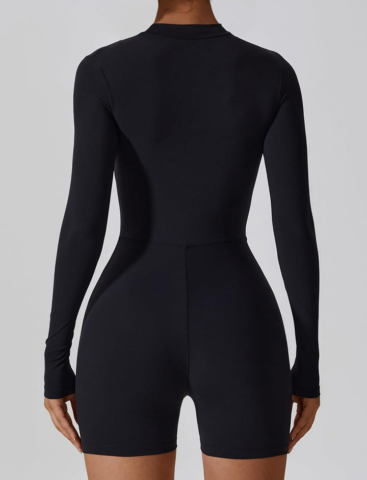 AIEOE Sport Jumpsuit Damen Kurz Eng Yoga Langarm One Piece mit Kragen Reissverschluss Bodysuit Plays