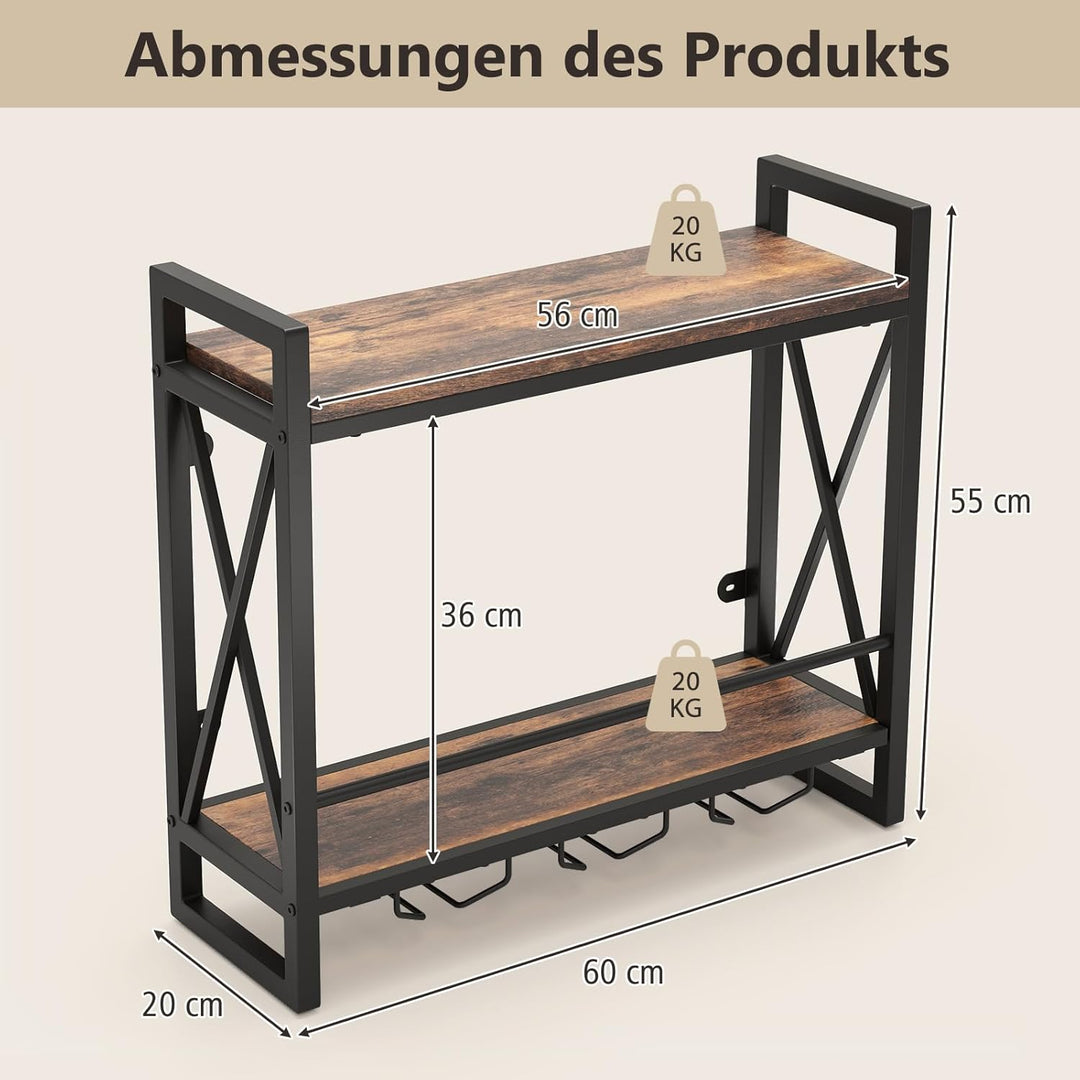 COSTWAY 2 Ebenen Weinregal Wand, Flaschenregal Holz mit Metallrahmen, mit 3 Reihen Weingläserhalter,