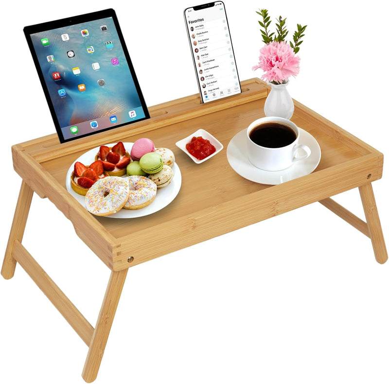 Betttablett mit Griffen, klappbaren Beinen, Bambus, Frühstückstablett mit Handy- und Tablet-Halter,