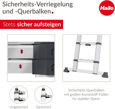 Hailo T100 FlexLine Sicherheits-Teleskopleiter - ausziehbare Leiter aus Aluminium mit bis zu 13 Stuf