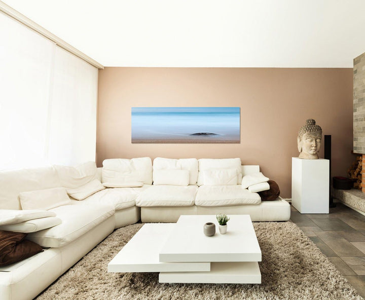 Paul Sinus Art Panoramabild auf Leinwand und Keilrahmen 120x40cm Meer Strand Stein Nebel Dunst Morge