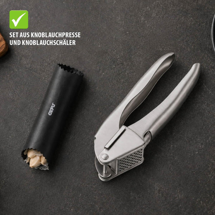 GEFU Knoblauchpresse &amp; Knoblauchschäler Set IMPRENSA + TUBIO