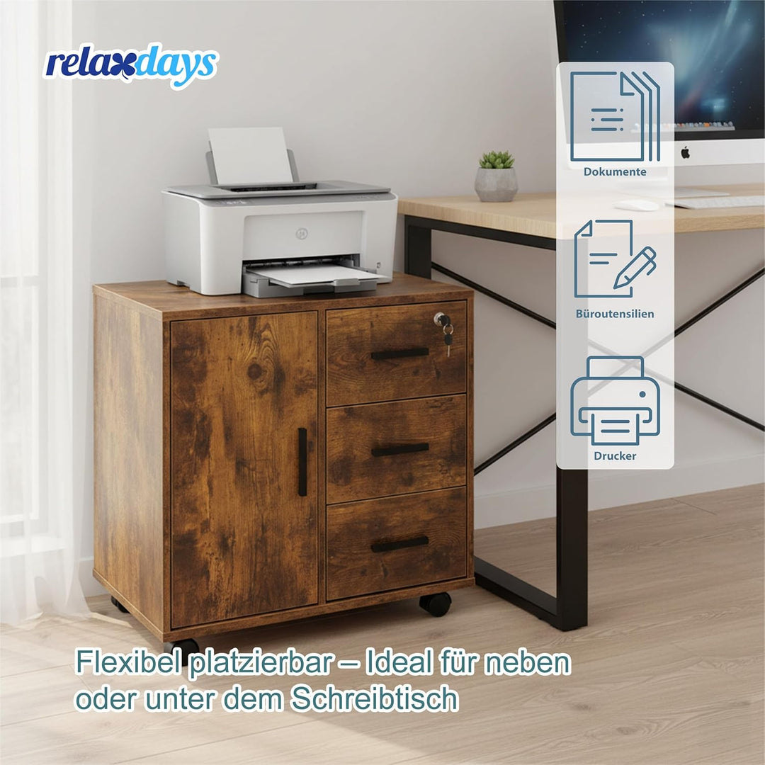 Relaxdays Rollcontainer, 3 Schubladen, 2 Türfächer, HxBxT: 57 x 60 x 40 cm, abschliessbar, Aktenroll