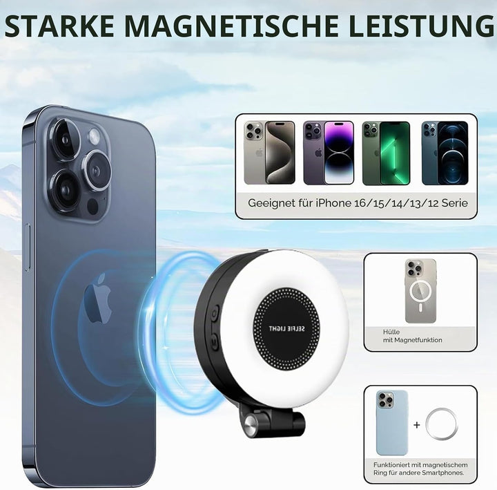 Magnetisches Handy Ringlicht, Selfie Licht mit 3 Farbtemperaturen CRI95 360° 2500k-9000k, Videoleuch