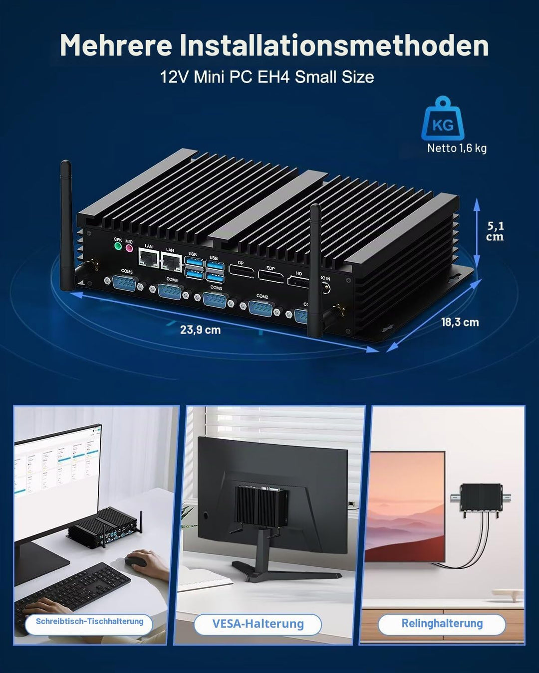 WEIDIAN Industrie PC Lüfterloser i5-8250U Fanless Mini PC Win 11, 8GB RAM 256GB SSD Lüfterlos PC Sup