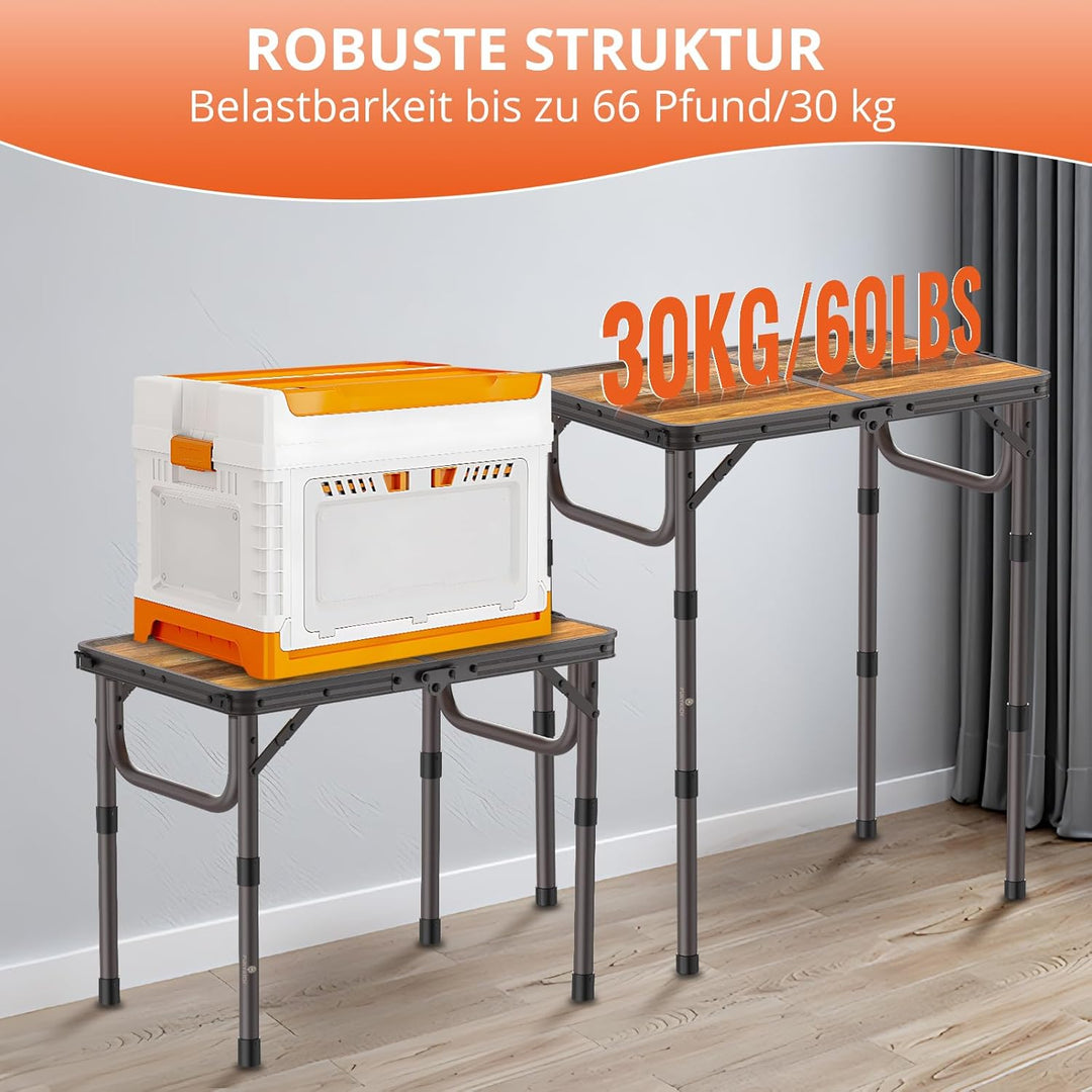 FUNYKICH Campingtisch Klapptisch 58x40cm, Faltbarer Grilltisch mit 3 Höhen Verstellbarer(26/48/70cm)