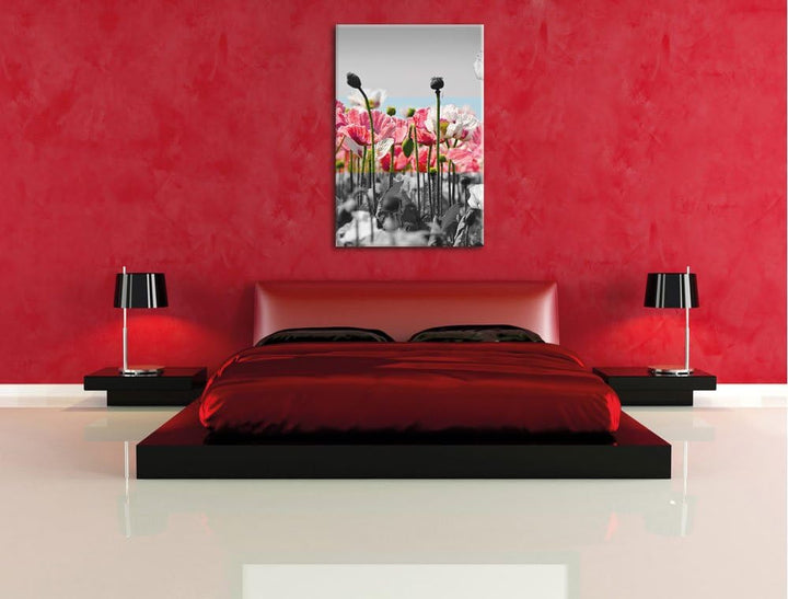 Pixxprint Blumenwiese Mohnblumen schwarz/weiss, Format: 70x100 auf hochkantiges Leinwand, 70x100