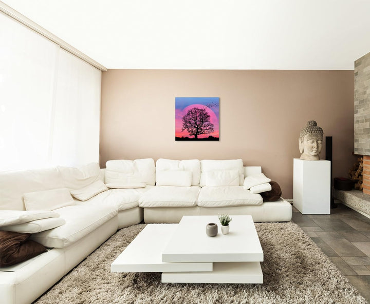 Wandbild 90x90cm Collage – Baum Silhouette vor Supermond auf Leinwand für Wohnzimmer, Büro, Schlafzi