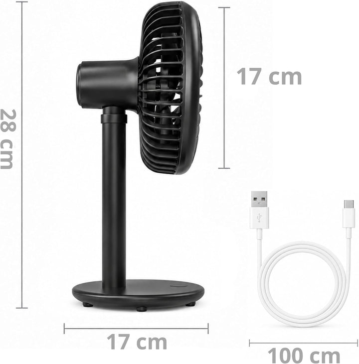 Tischventilator sehr leise - Akku USB Ventilator 4000mAh, Ø 16,5cm, bürstenloser 7-Flügel Mini Lüfte