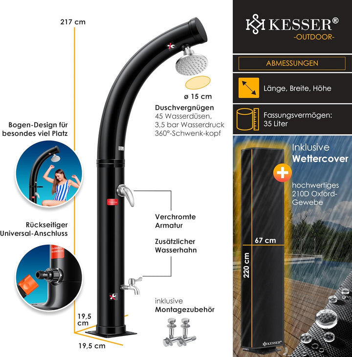 KESSER® Solar Gartendusche Solardusche Bogen Inkl. Schutzhaube warmes Wasser | 35 Liter | max. 60°C