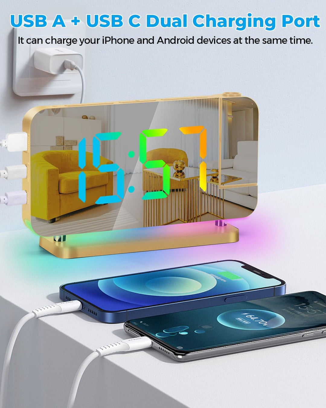 SZELAM Projektion Wecker - LED Spiegel Digitaluhr Grosses Display mit RGB Nachtlicht USB C Ladestati